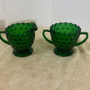 Green glass cream and sugar cups